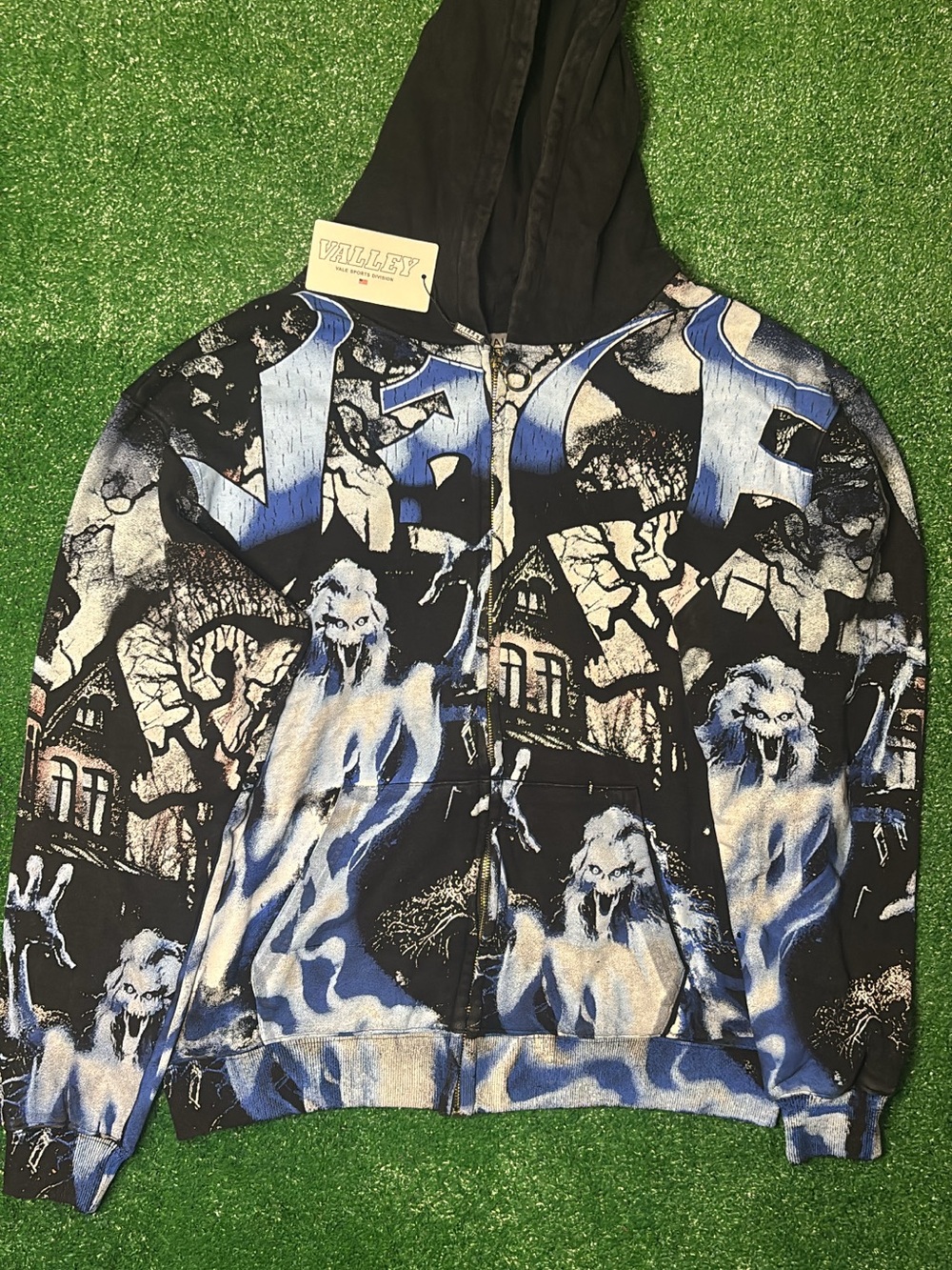Kids Black & Blue Ghost-Print Zip Hoodie Vest